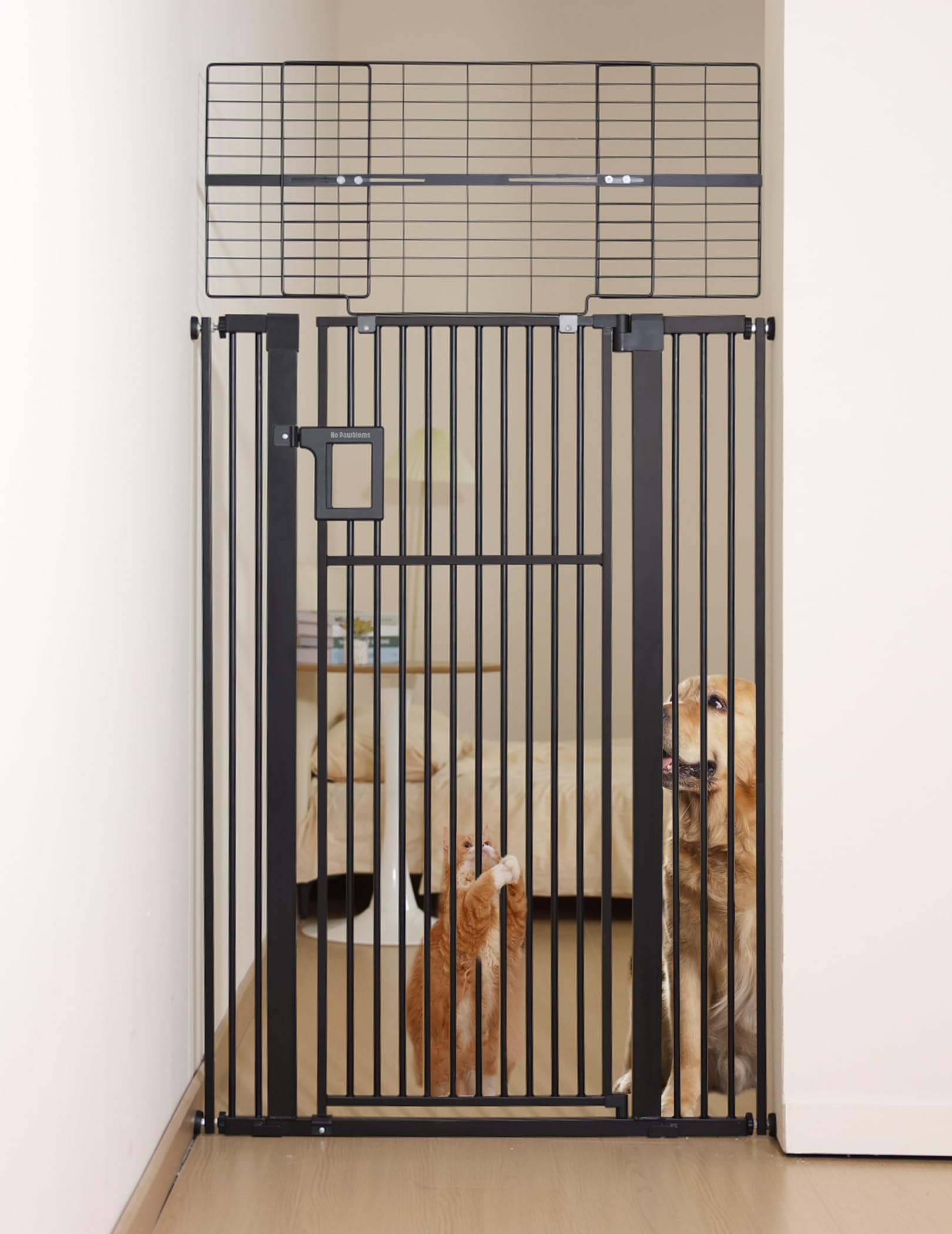 No Pawblems upgraded 71in gate full view shows tall, secure pet barrier for doorways.