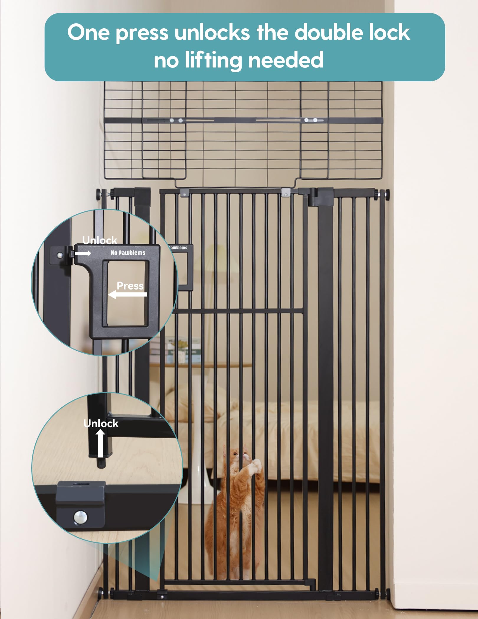 No Pawblems dual-lock safety design demonstrates one-handed operation and auto-close feature.