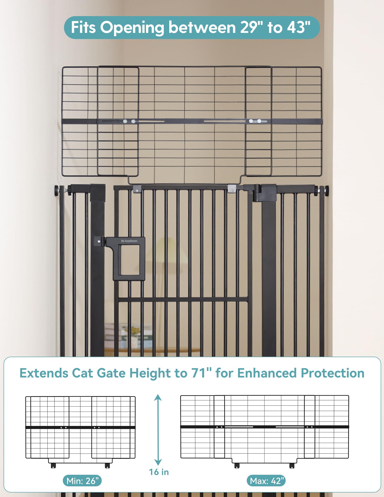 No Pawlems easy-install gate fits 29-43 inches without drilling for flexible setups.
