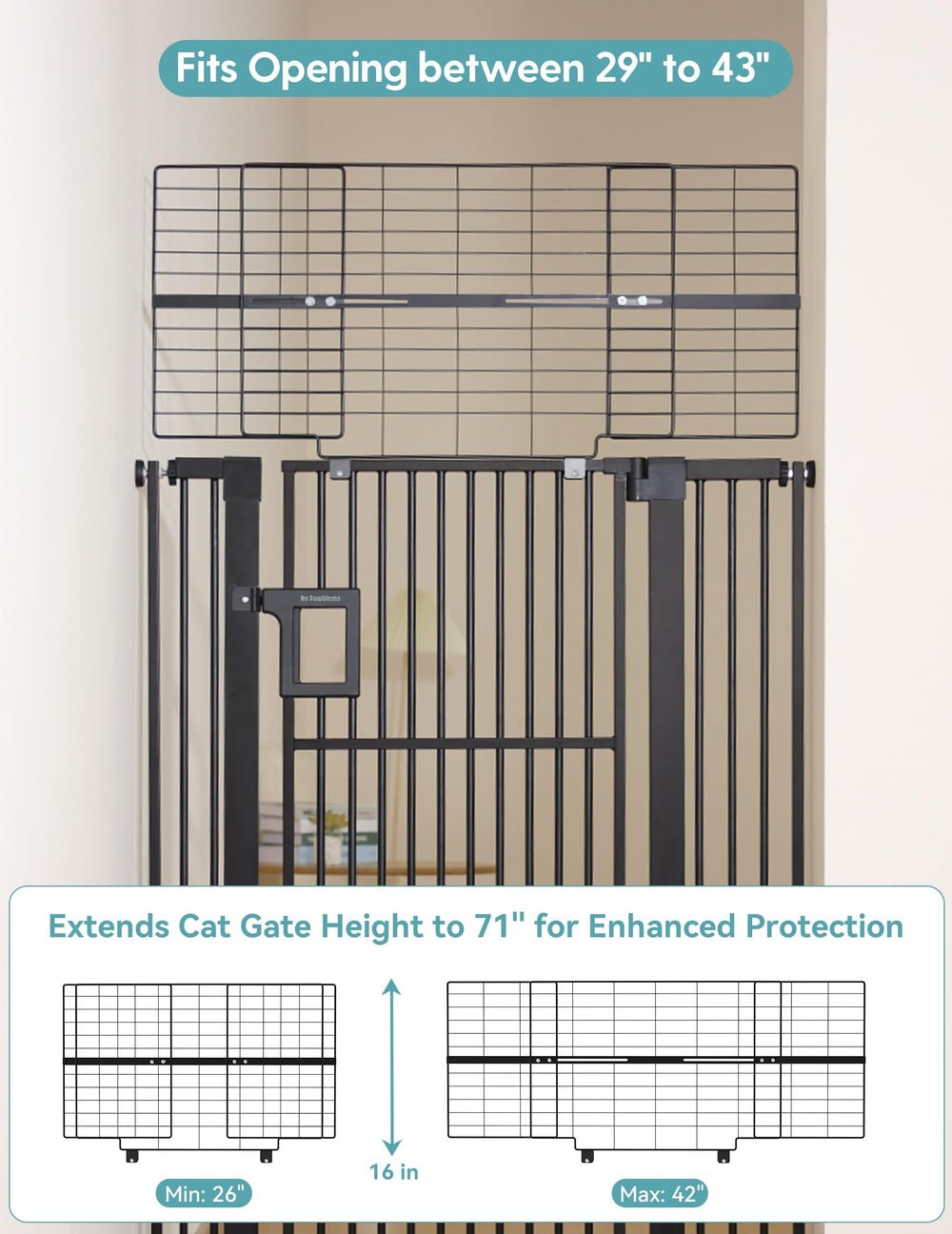 No Pawlems easy-install gate fits 29-43 inches without drilling for flexible setups.