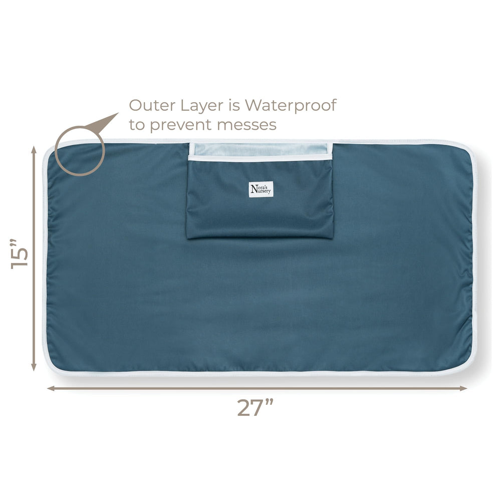 Nora's Nursery Sea changing pad folded compactly for travel in a slim diaper bag.