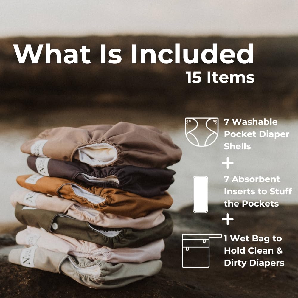 Nora's Nursery 7-pack diapers with inserts shown for complete cloth care.