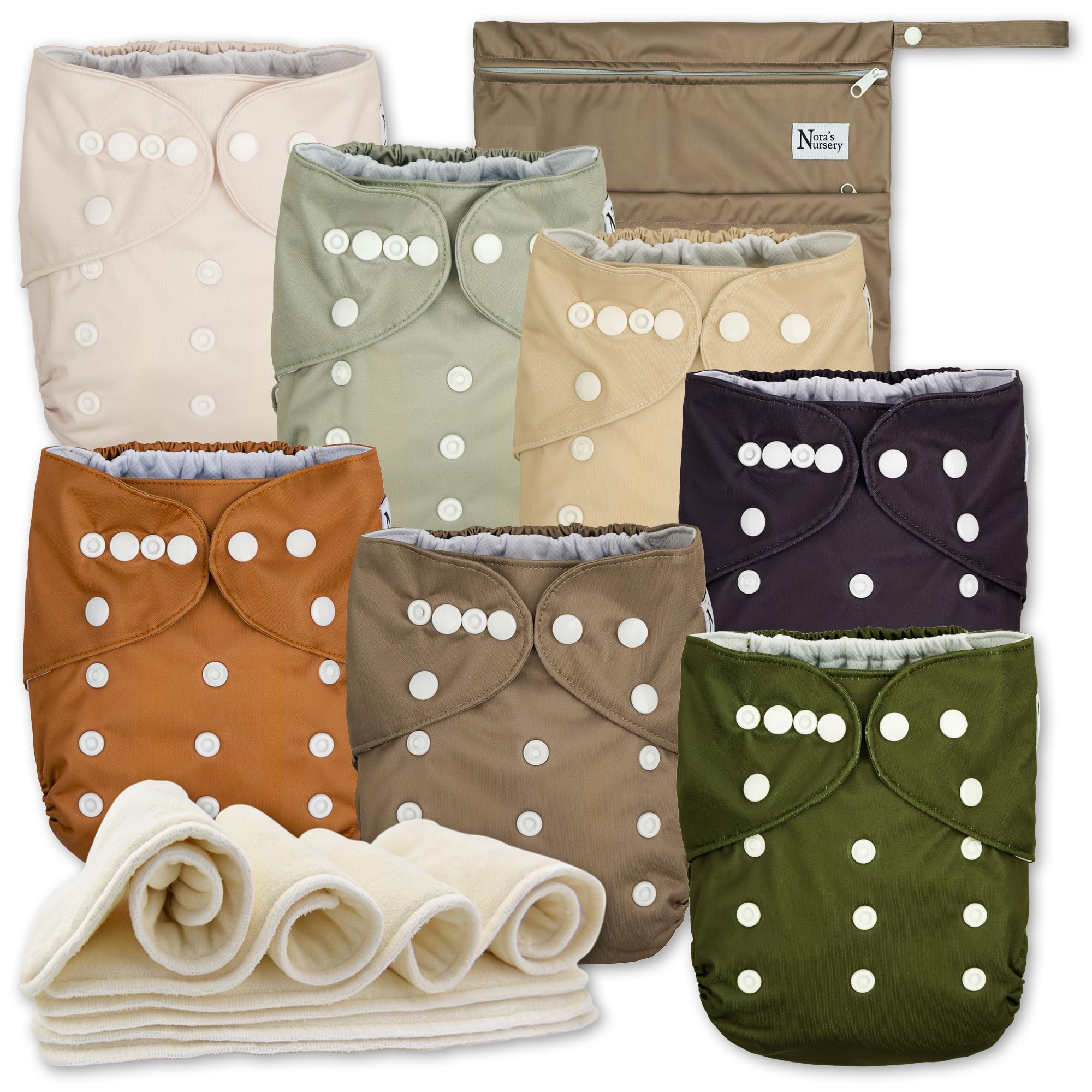 Nora's Nursery AWJ diapers pack front view demonstrates easy, eco-friendly cloth diapering from newborn to toddler.