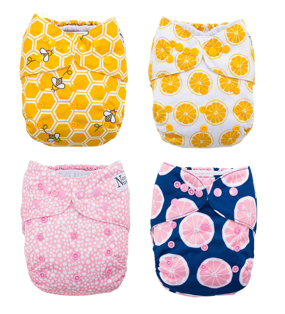 Nora's Nursery Bees Knees pocket diapers front view for a complete reusable diapering system.