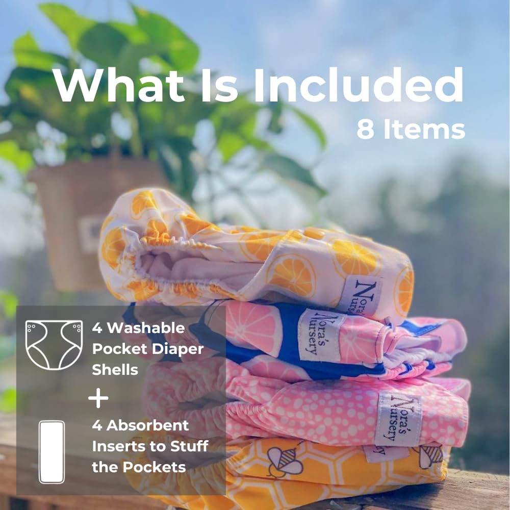 Nora's Nursery Bees Knees pocket diapers four-pack highlighting value and convenience.