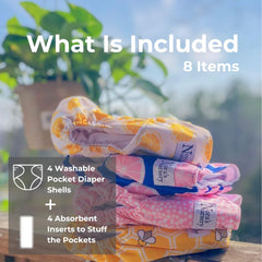 Nora's Nursery Bees Knees pocket diapers four-pack highlighting value and convenience.