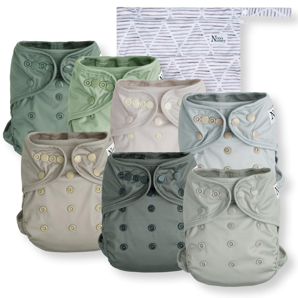 Nora's Nursery cloth diaper cover with snap closure in Morning Dew, adjustable fit for babies.