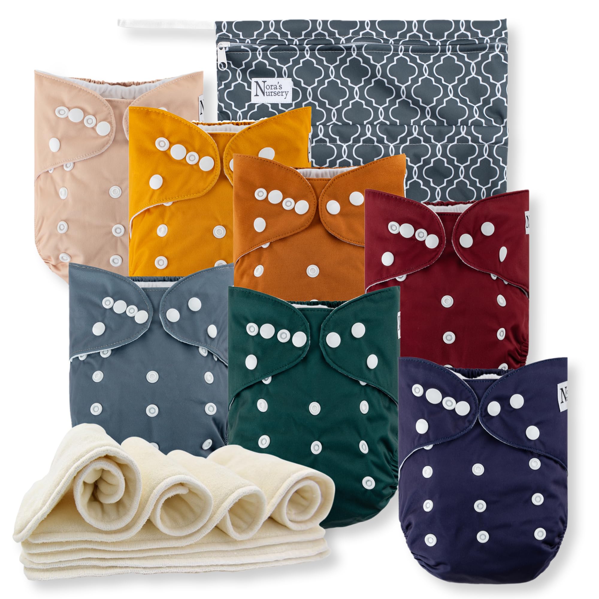 Nora's Nursery seven-pack cloth diapers with inserts ready for daily reuse.