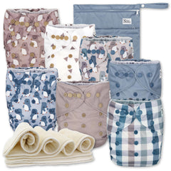 Nora's Nursery cloth-diapers-7-pack shown for newborn to toddler use with adjustable sizing.