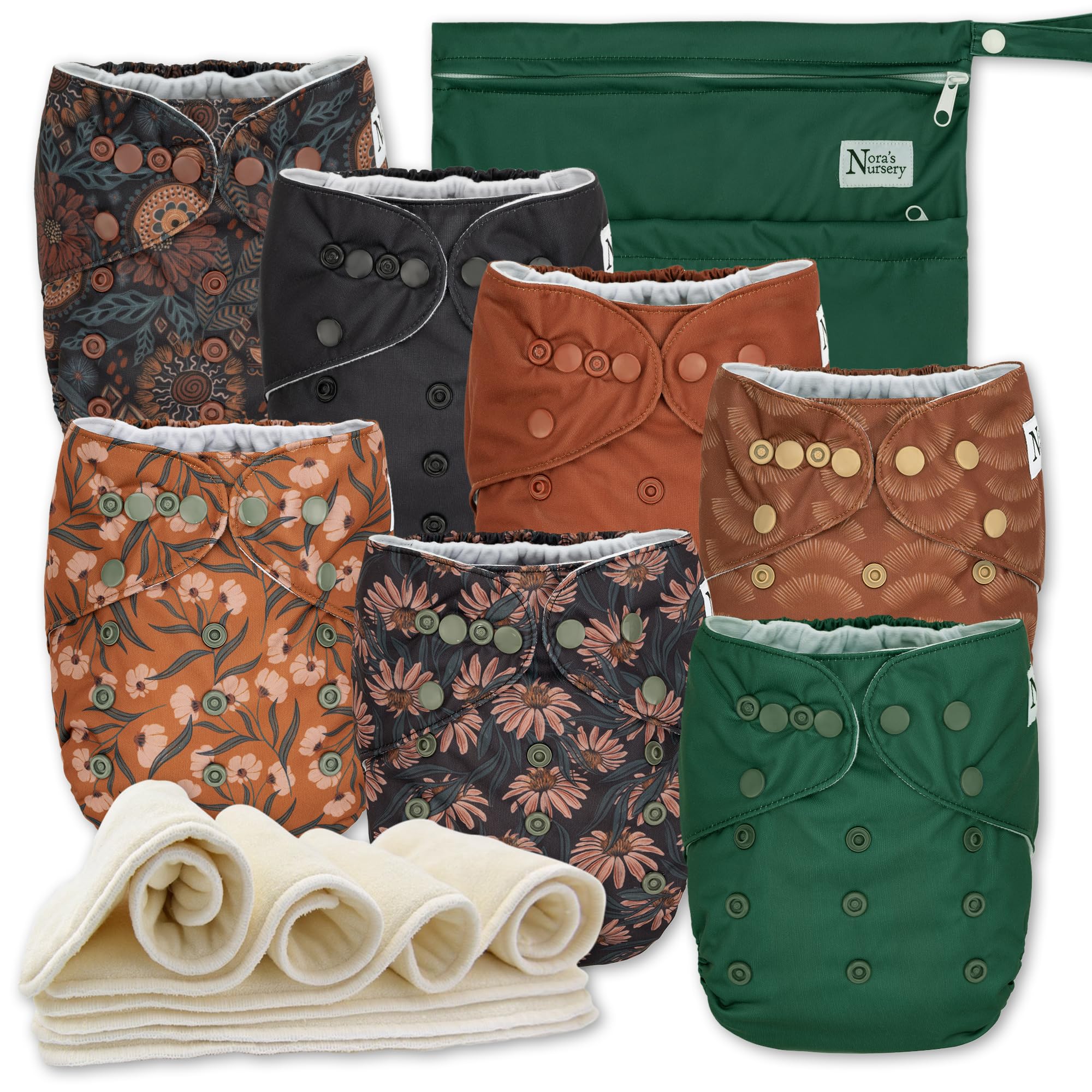 Nora's Nursery Dahlia pocket diaper set front view for growing babies with adjustable fit.
