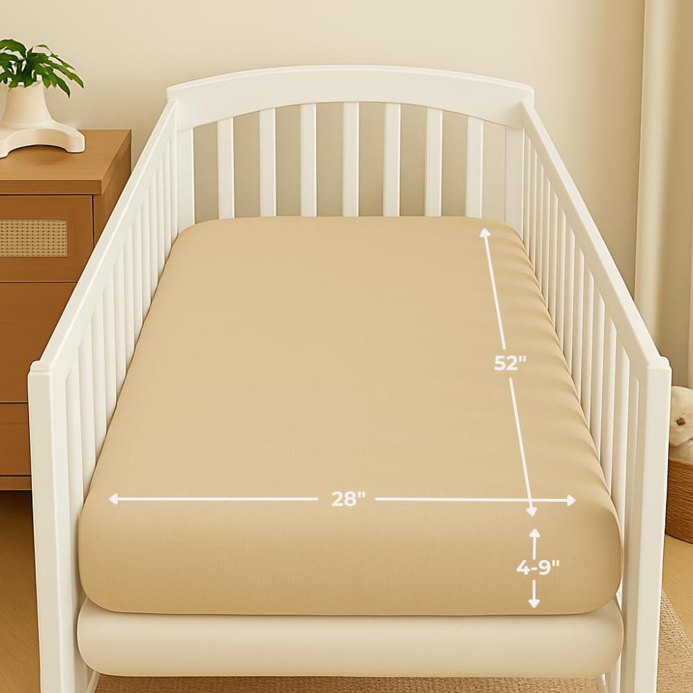 Nora's Nursery muslin crib sheets latte folded on baby bed for easy setup