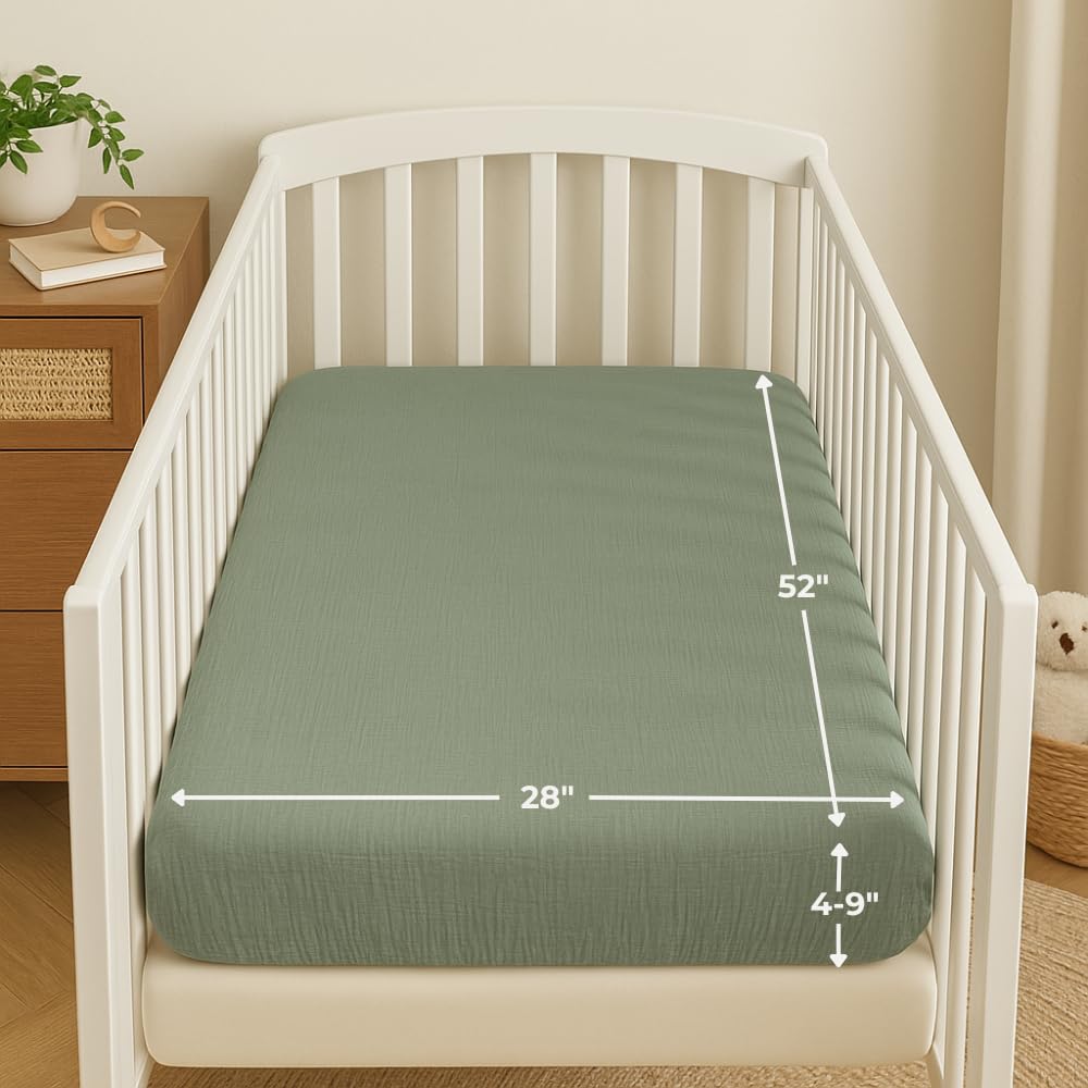 Nora's Nursery sage fit 52x28: secure, snug crib sheet for safe sleep, simple to adjust.