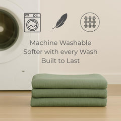 Nora's Nursery muslin sheets sage: easy-care fabric for busy parents and durable softness.