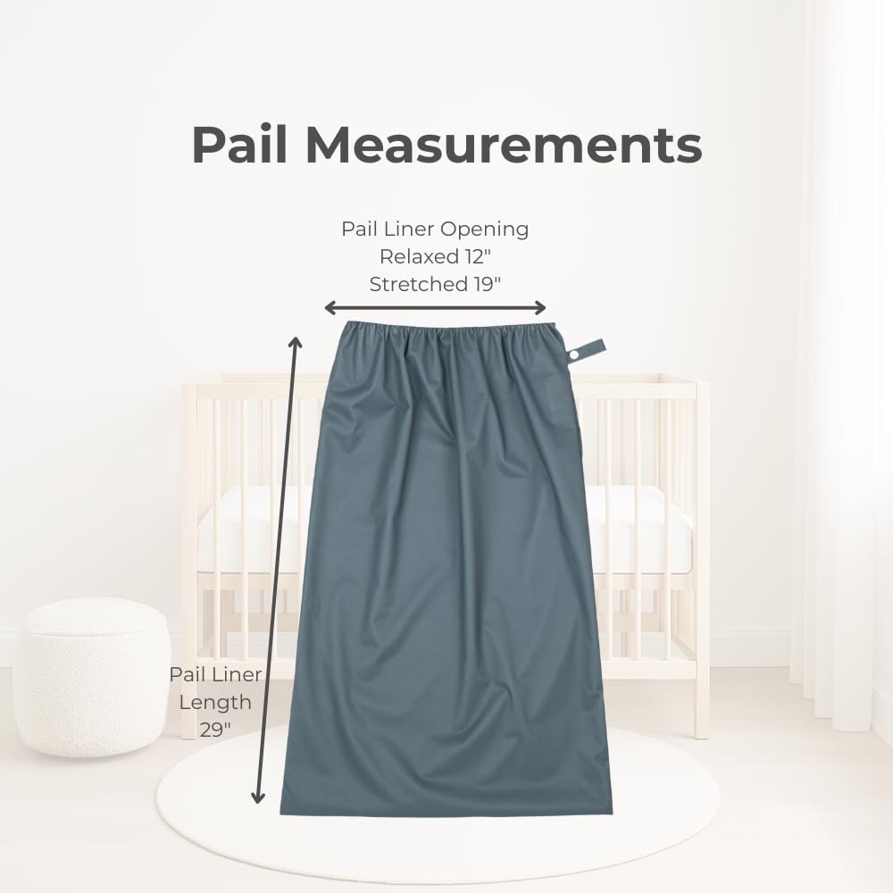 Nora's Nursery Pail Liner Forest stretch opening shows snug fit for varied pail sizes