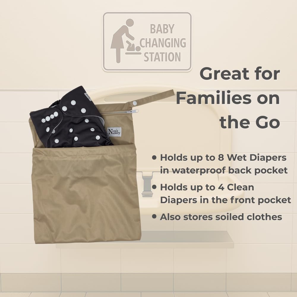 Nora's Nursery wet dry bag with snap handle clips to a stroller for hands-free use.