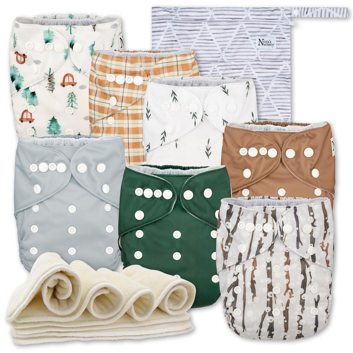 Nora's Nursery Woodlands cloth diaper pack—complete reusable set for eco-friendly parenting