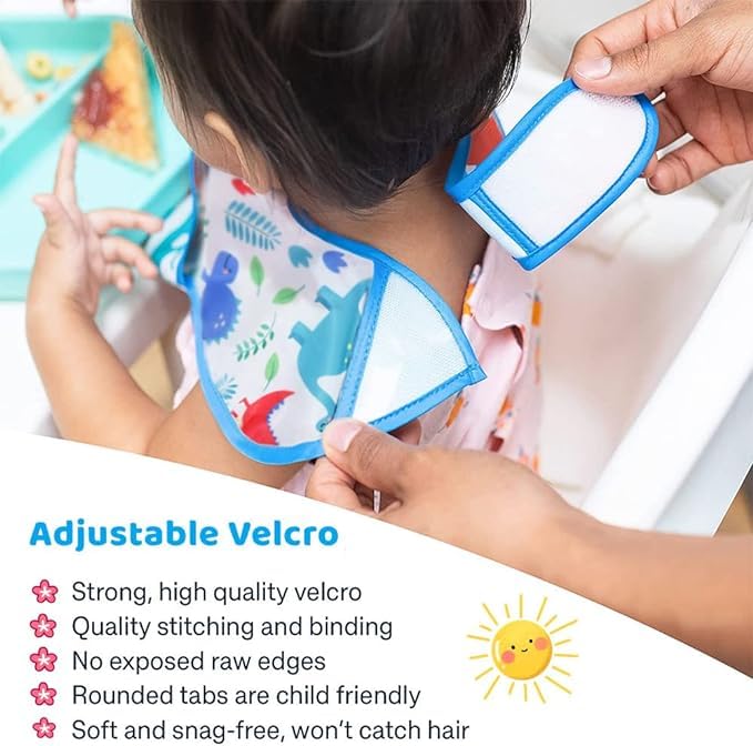 norinori baby bib adjustable-neck grows with baby from 6 months to 36 months.