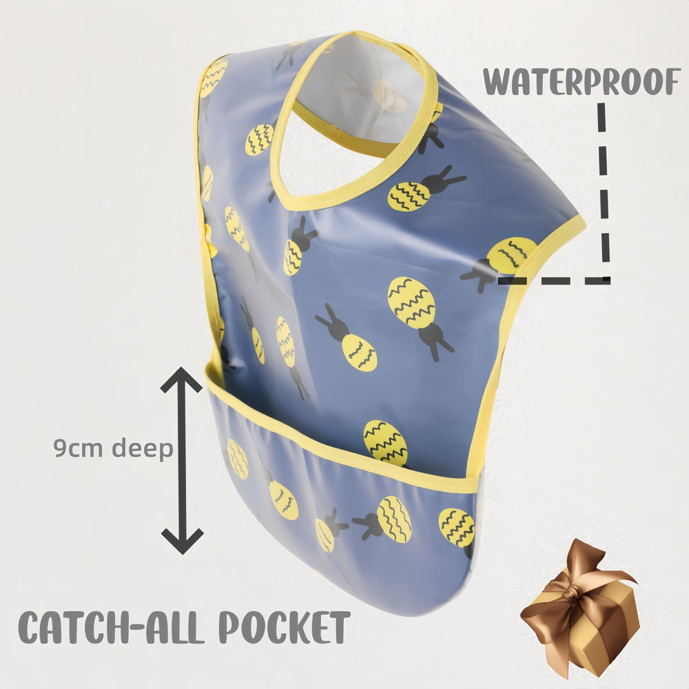 Norinori baby bib in use on toddler demonstrating catch-all pocket