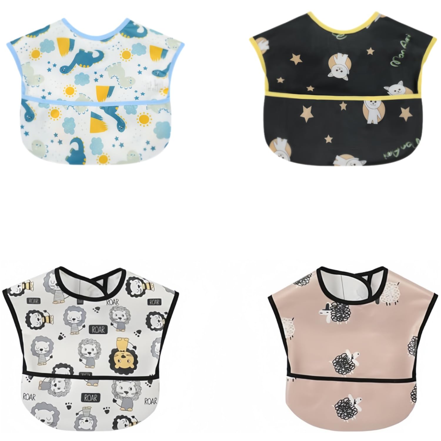 norinori waterproof baby bib showing a deep pocket that catches spills during meals.
