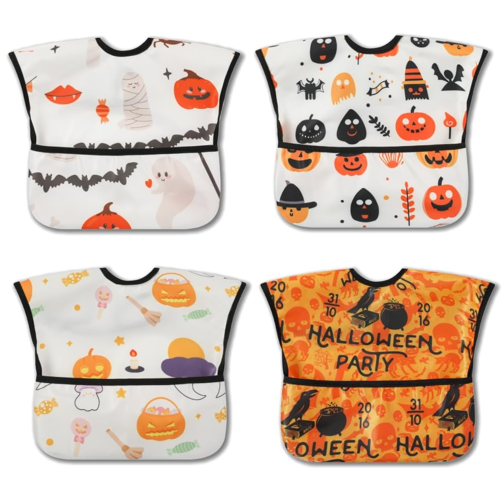 norinori baby bib waterproof fabric Halloween 4pack keeps outfits clean during meals.