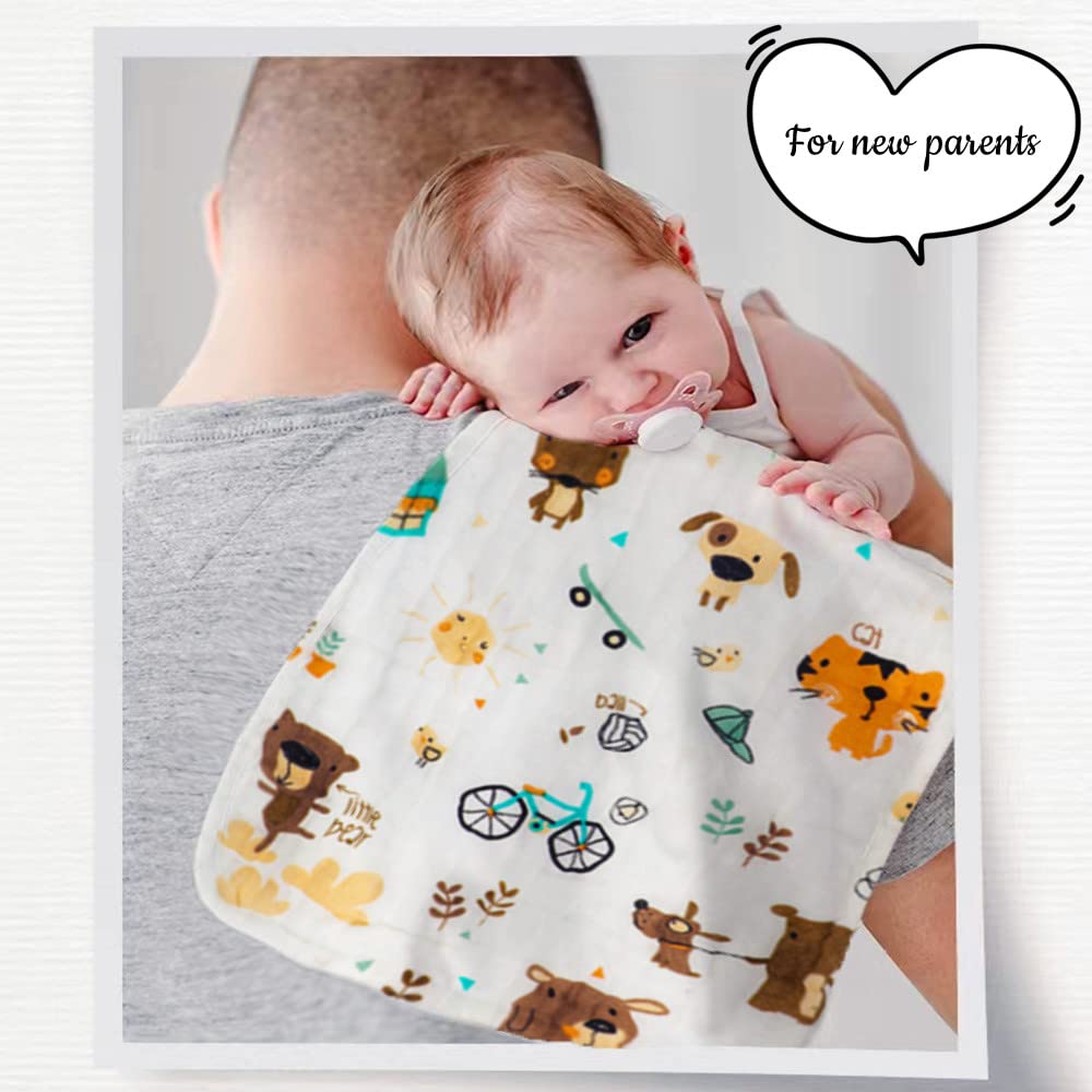 Norinori muslin burp cloths shown in home and on-the-go scenarios.