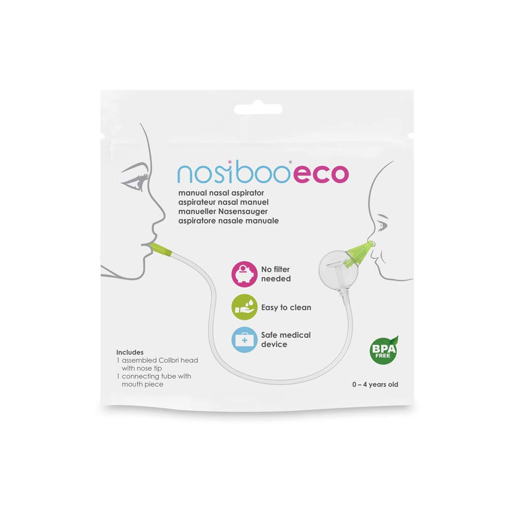 Nosiboo Eco mouth-operated nose suction enables caregiver control during use.