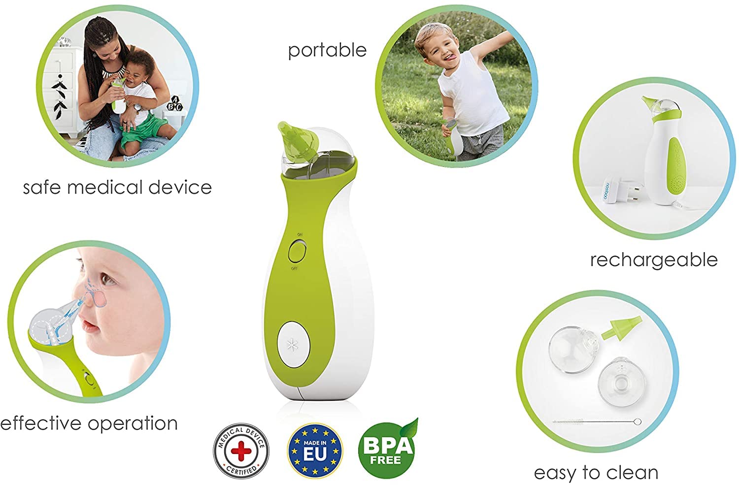 Nosiboo Go UPT suction demonstrates gentle nasal care for babies.