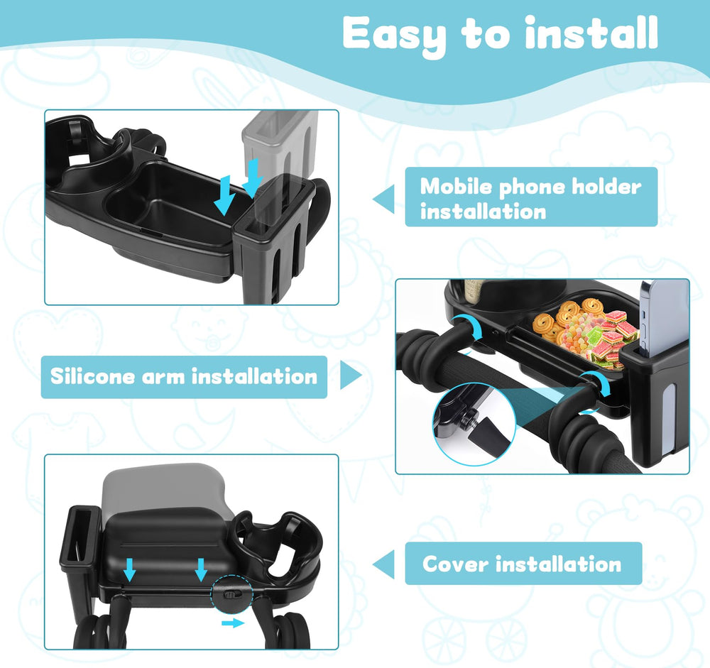 NOTEZMATE tray shows flexible arms for easy installation around various stroller frames.