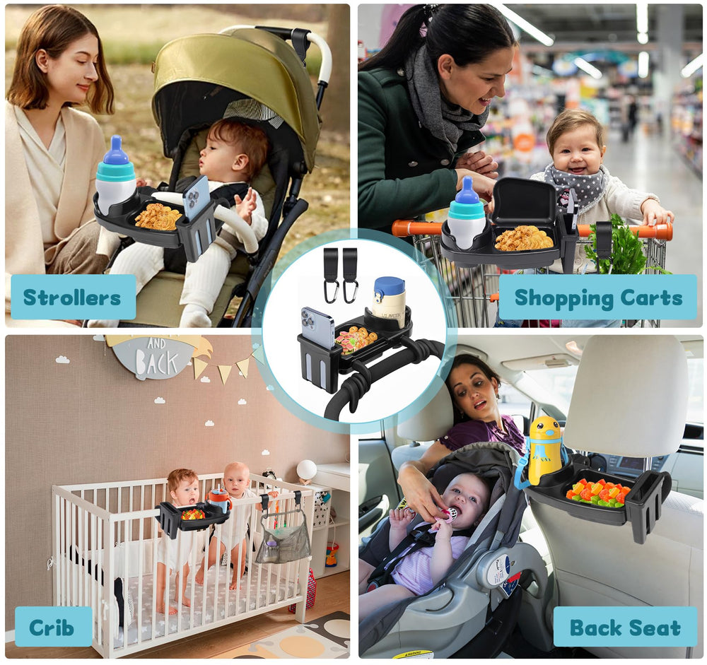 NOTEZMATE stroller tray with snack compartments keeps snacks organized during outings.