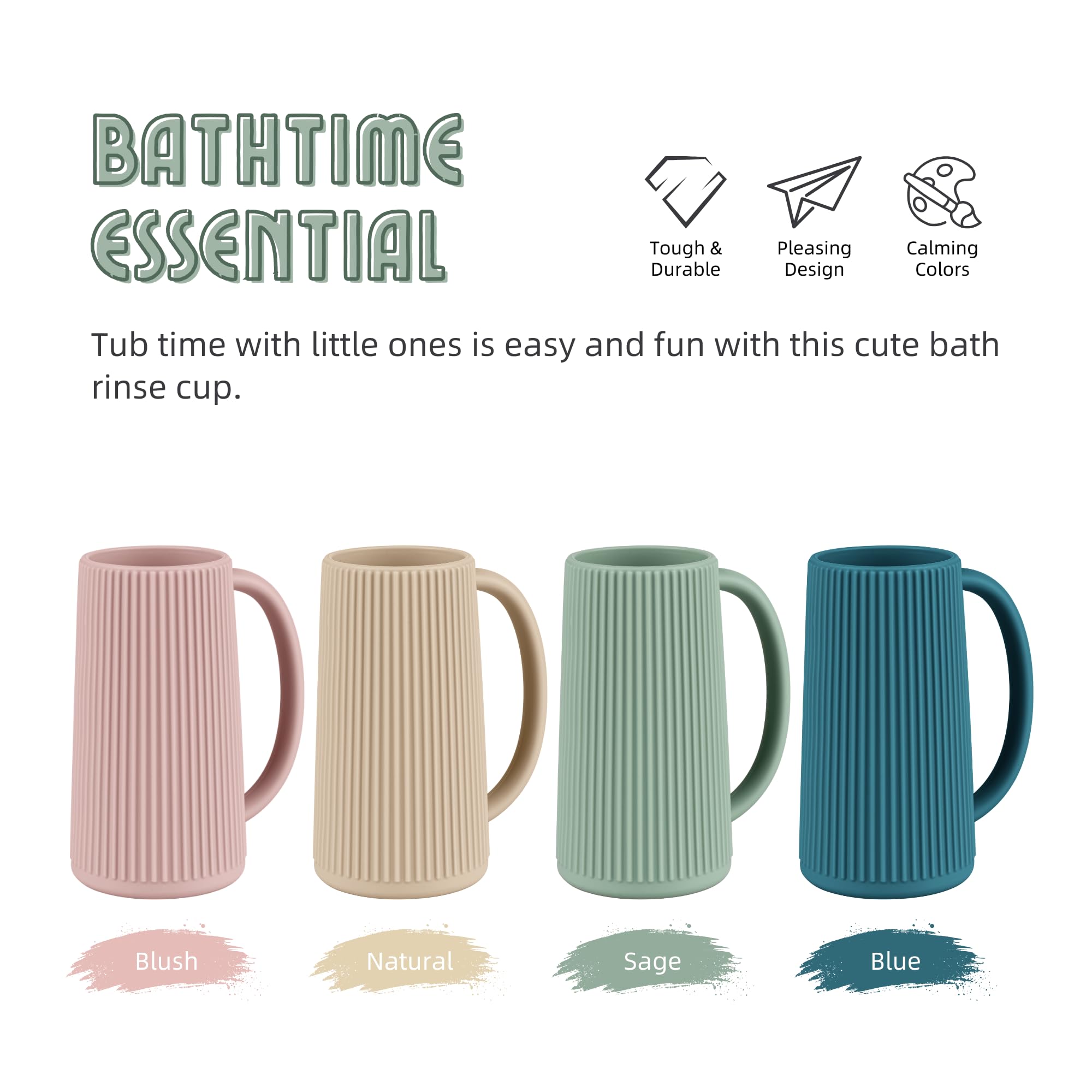 Nothomme controlled-flow rinse cup minimizes splashes during bath time.