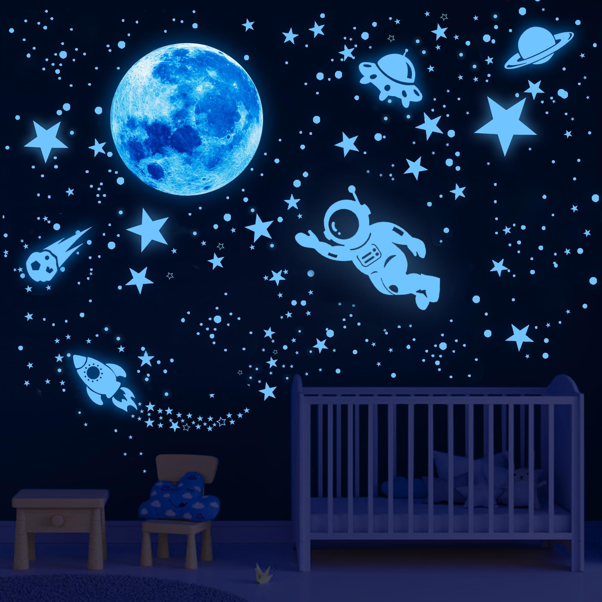 Nouata glow-in-the-dark stars and dots brighten walls after light exposure.