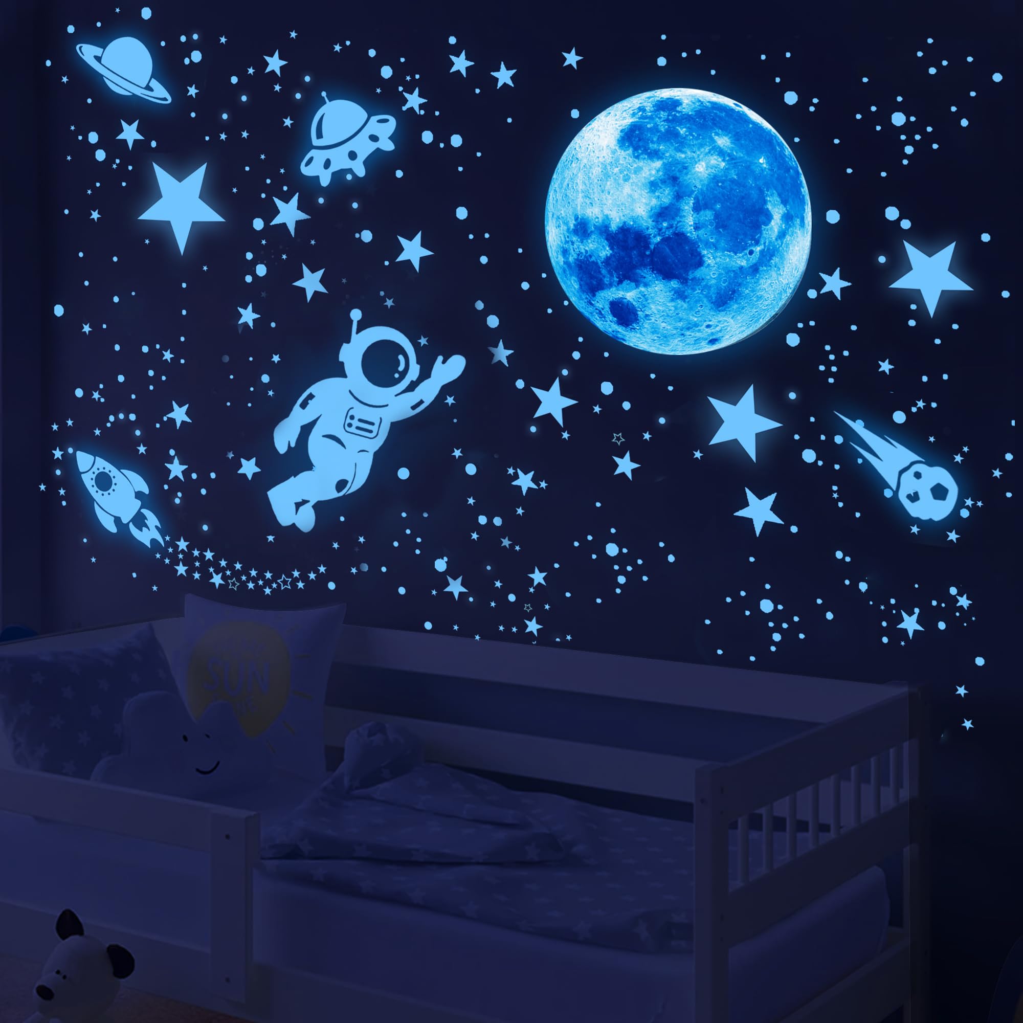 Nouata space-system wall decor establishes a celestial backdrop in bedrooms.