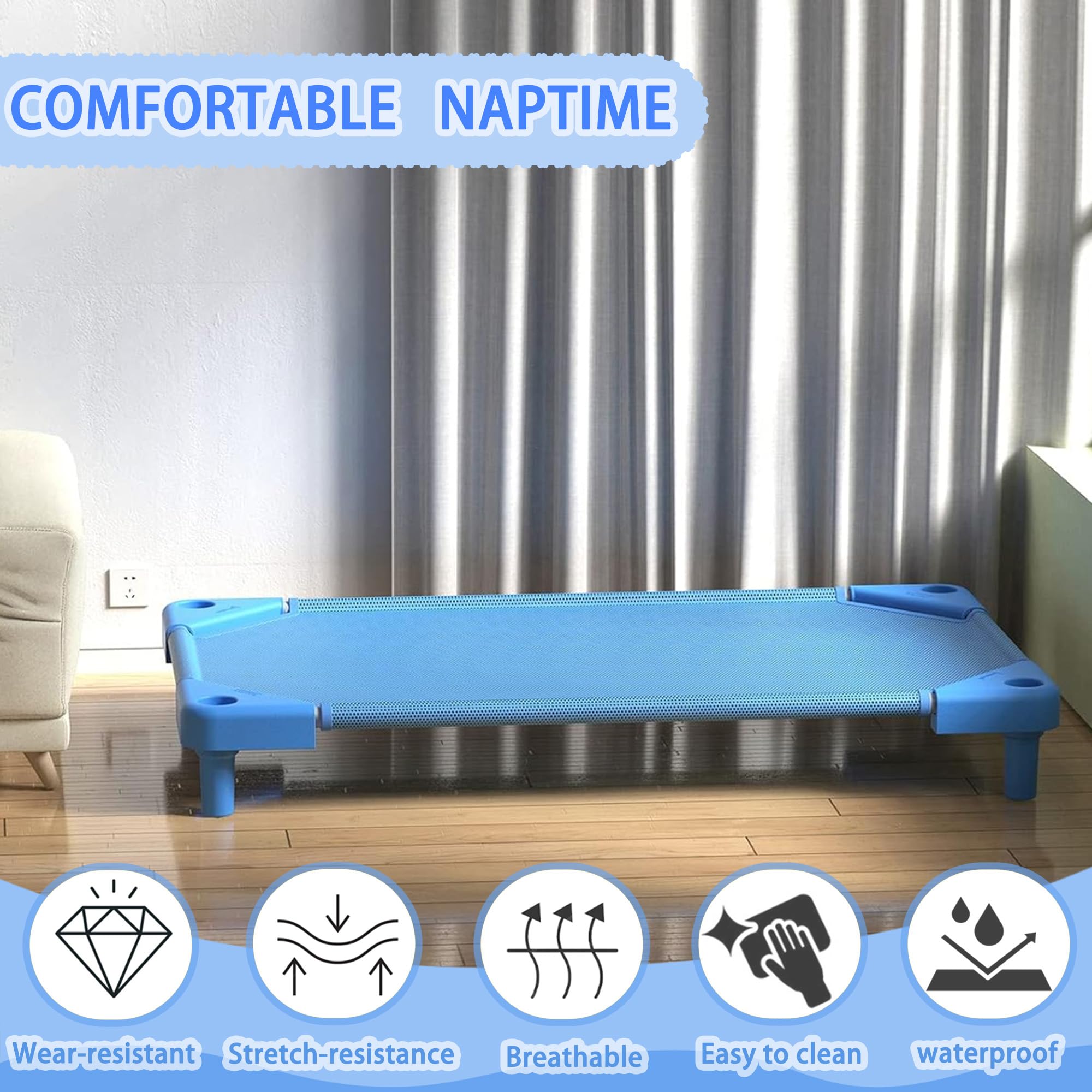 NOUJULOUN Daycare Cots rust-proof tubing endures daily preschool use.