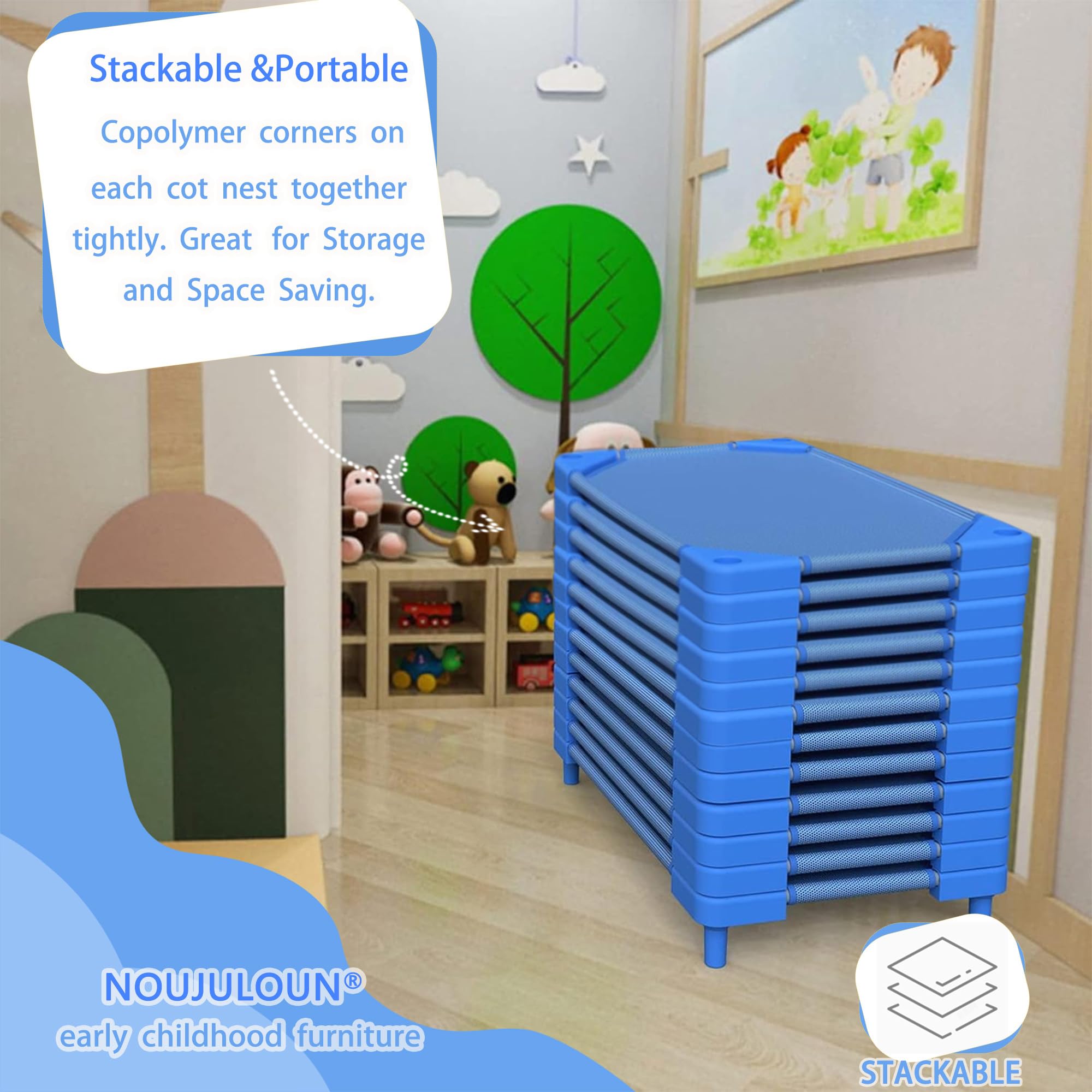 NOUJULOUN Daycare Cots five-point-nine-inch legs provide stable rest for active kids.