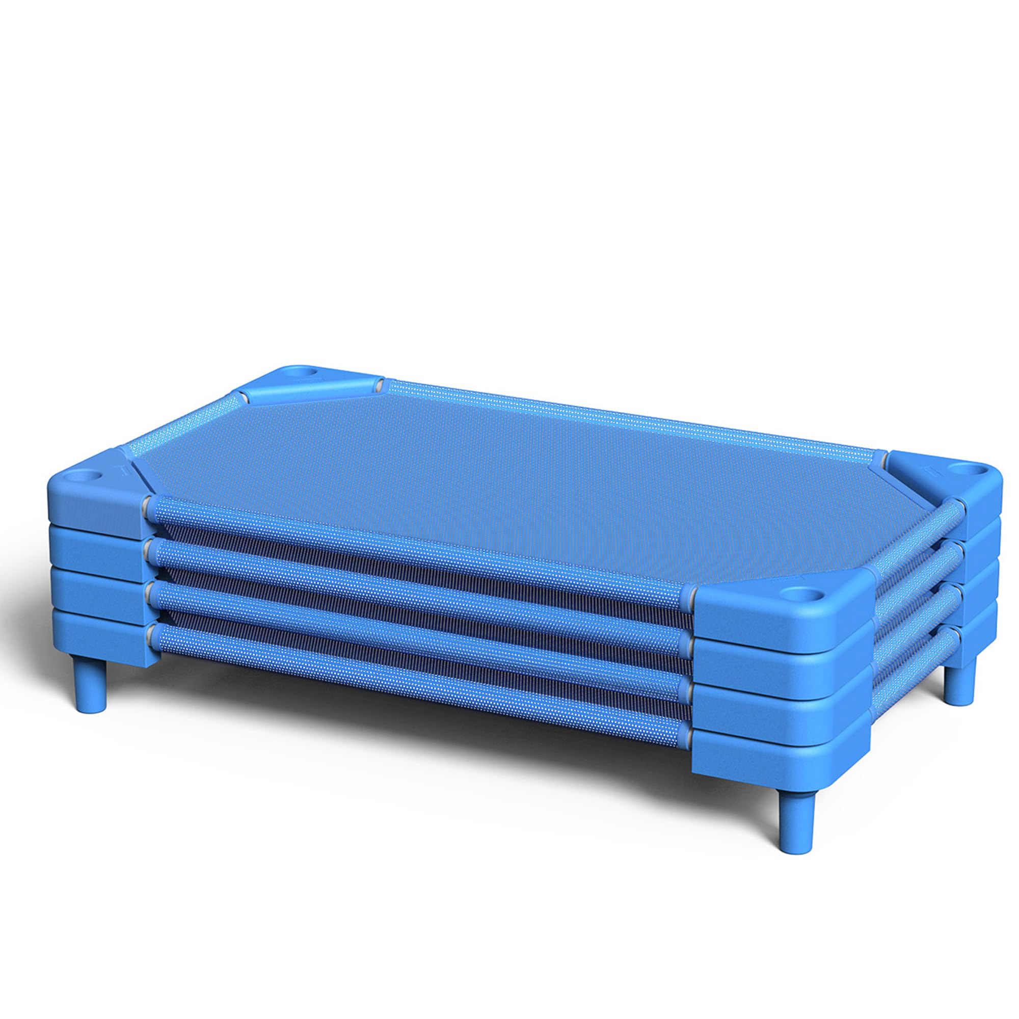 NOUJULOUN Daycare Cots sky blue four-pack stacked for space-saving preschool setups.