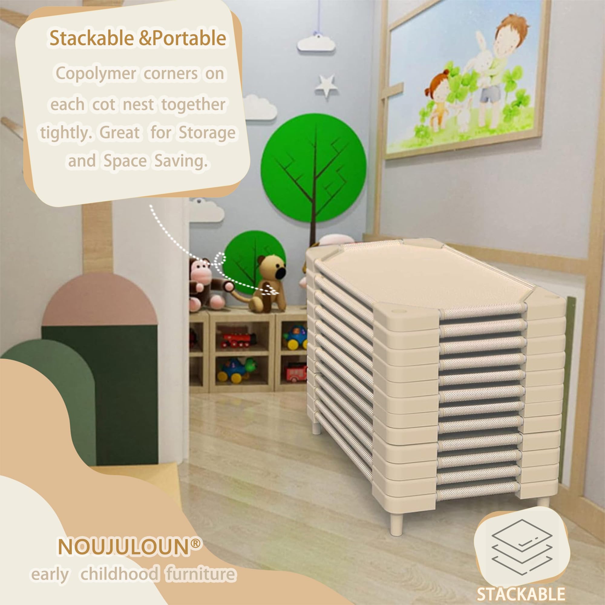 NOUJULOUN Daycare Cots sand mesh surface dries fast after spills.