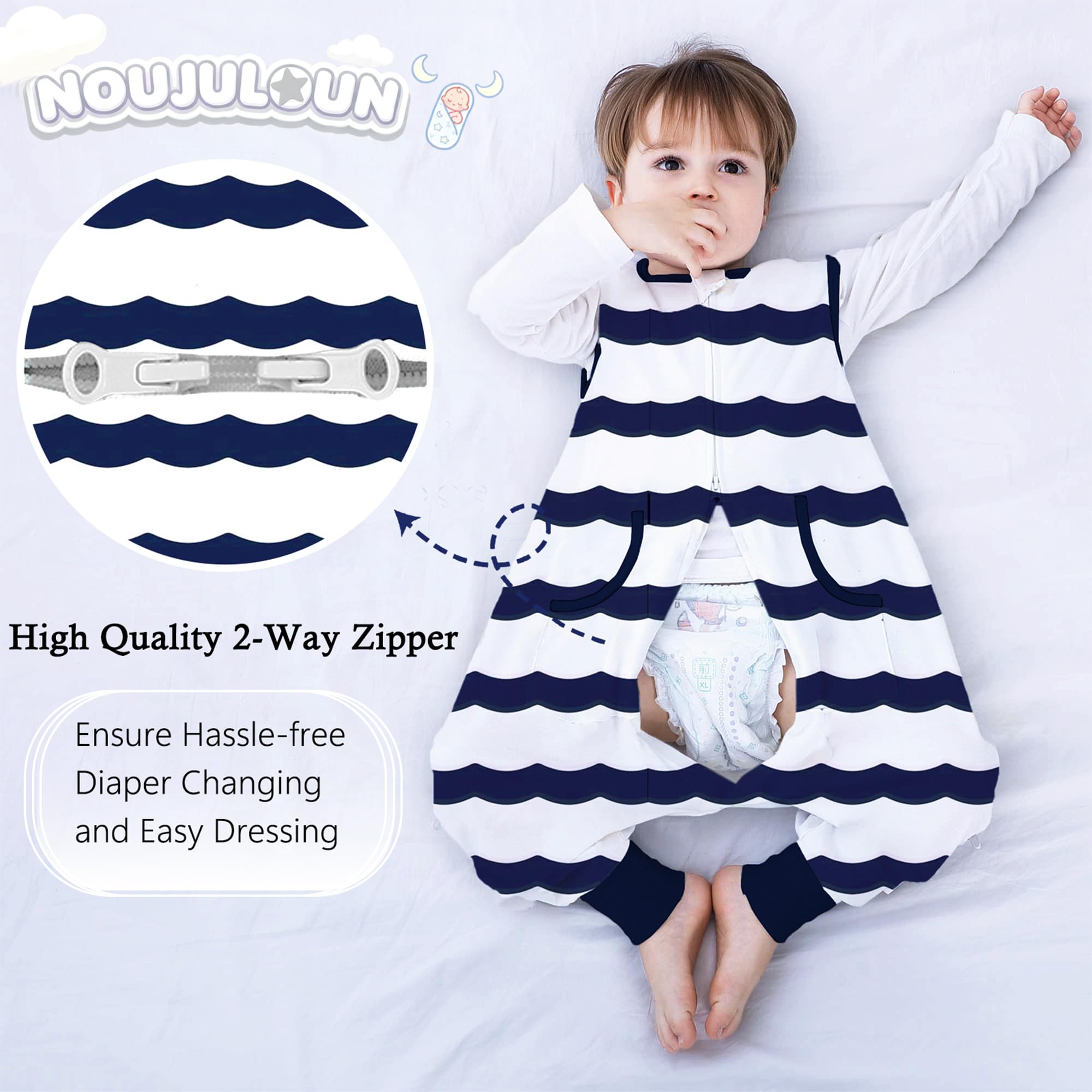NOUJULOUN hip-curve design promotes unrestricted movement from sitting to active play.
