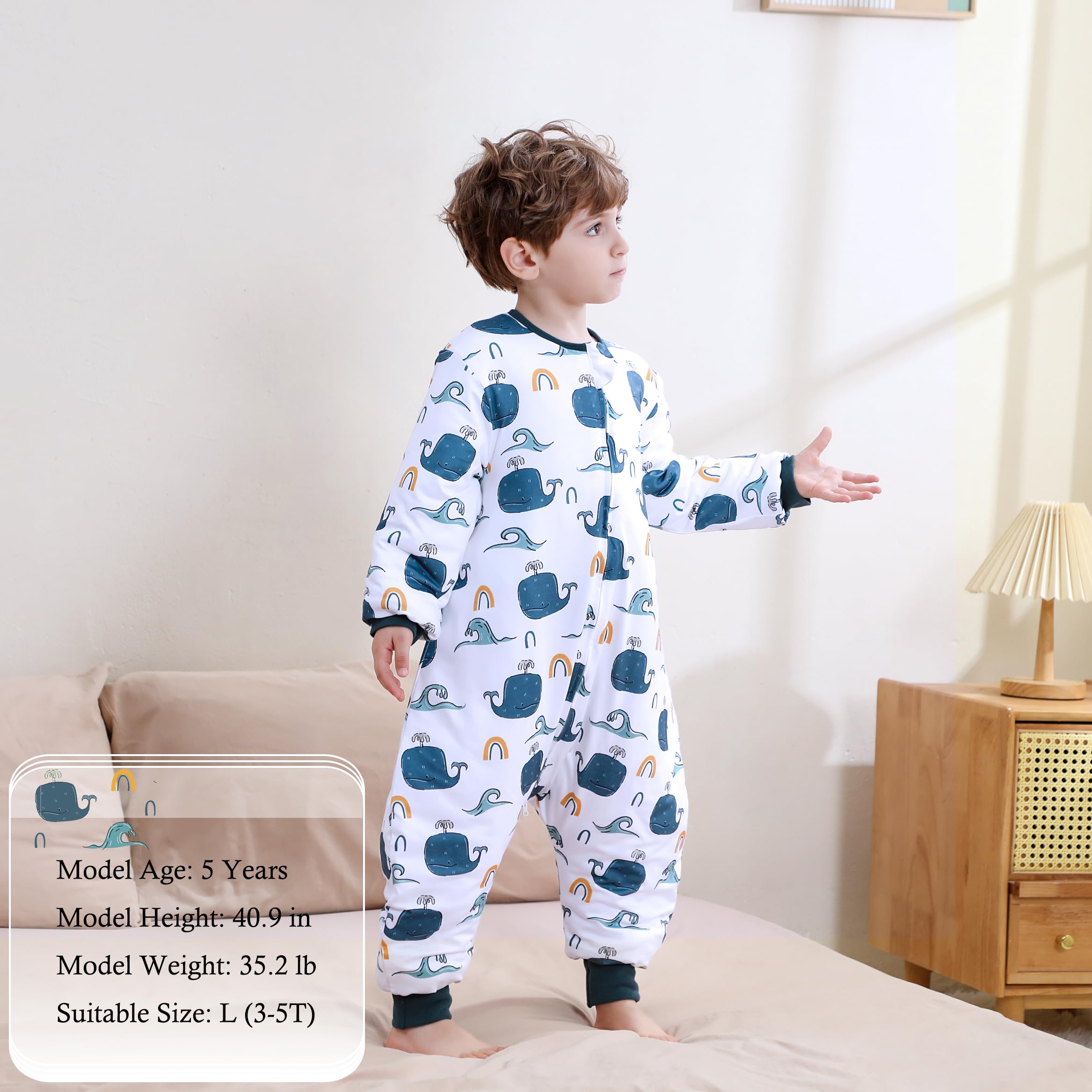 NOUJULOUN Ocean Whale long-sleeve sleep sack offers roomy hips for active toddlers.