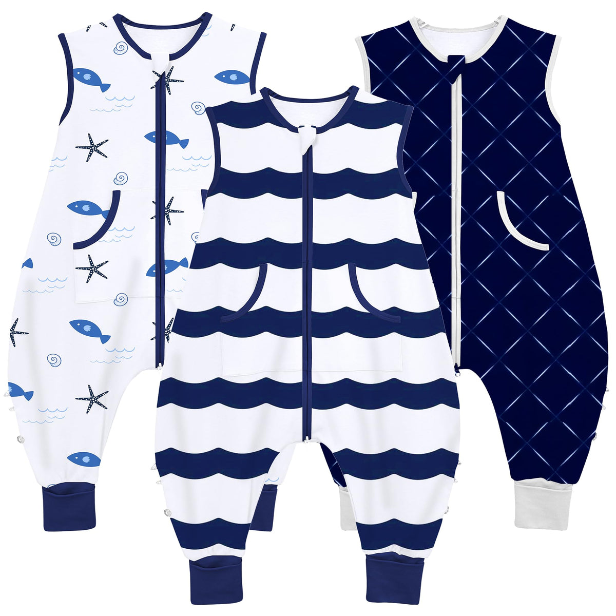 NOUJULOUN toddler sleep sack with legs features roomy front pockets for toys and comfort items.