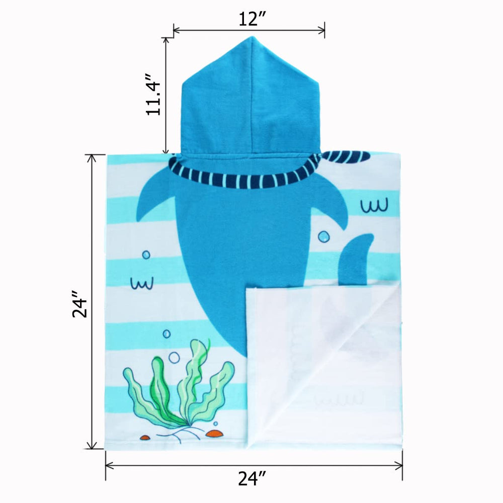 NovForth kids hooded towel close-up showing 11.4x12-inch hood for warmth after swimming