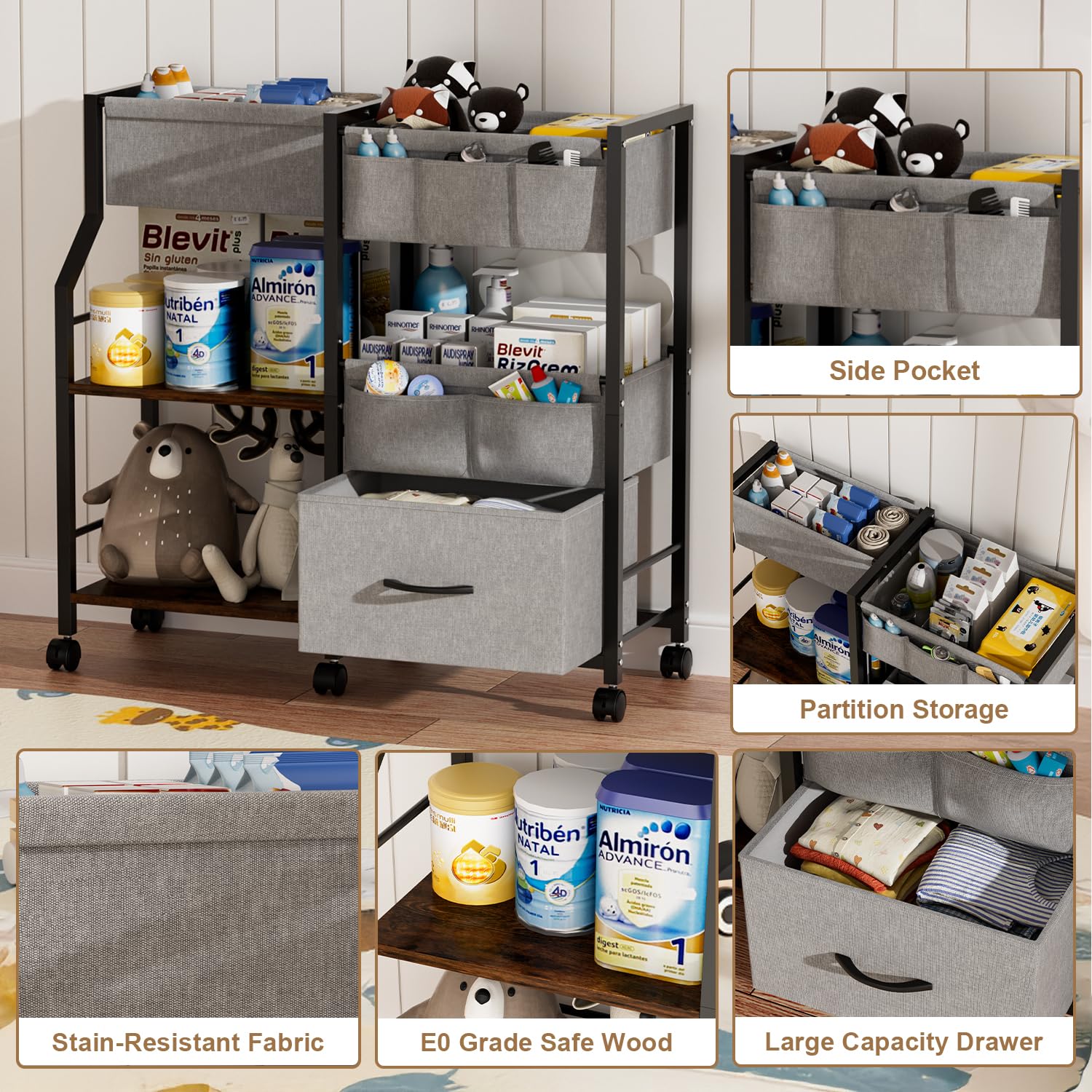 Novvia drawer and bins setup helps separate diapers, wipes, and clothes.