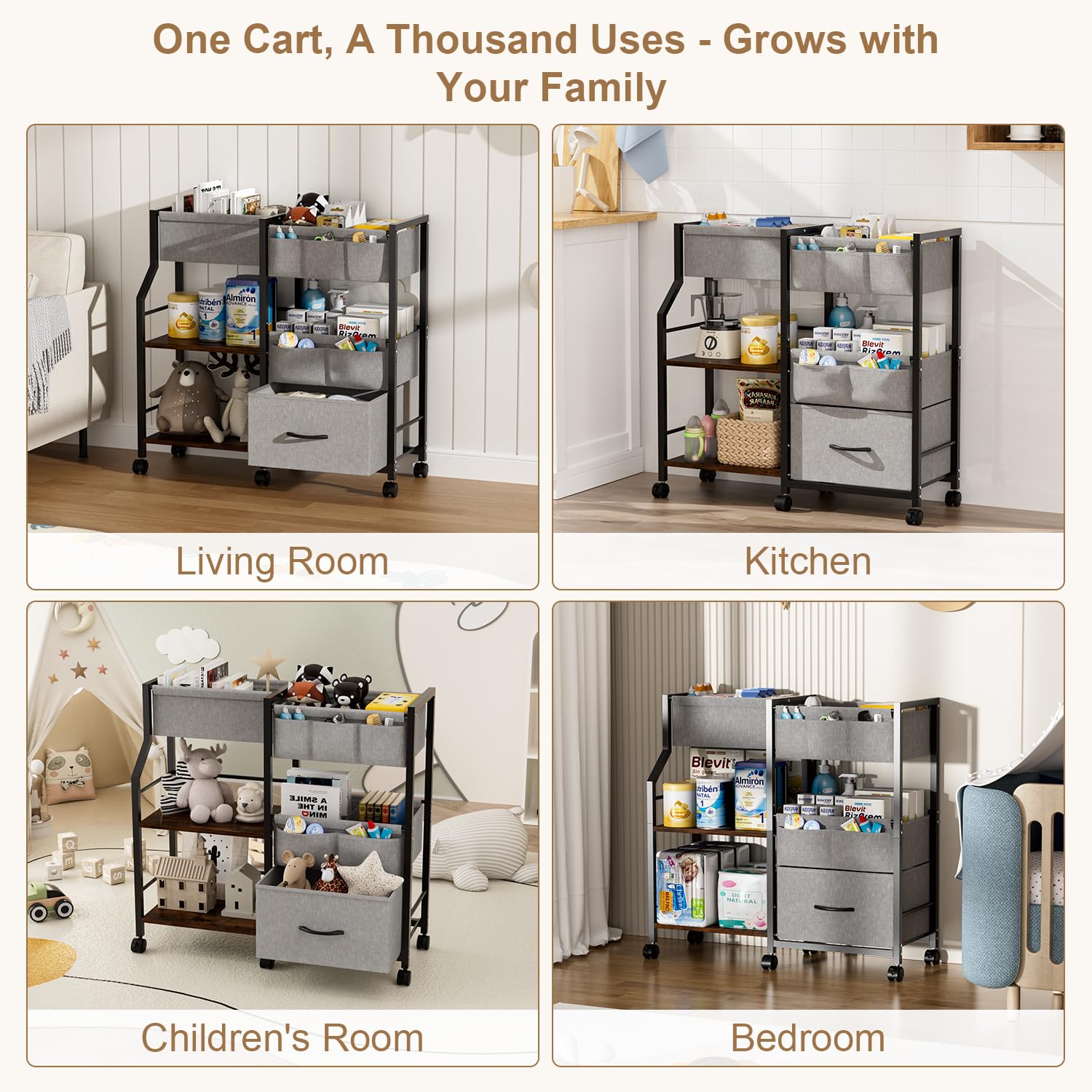 Novvia nursery organization for living spaces keeps baby gear nearby.