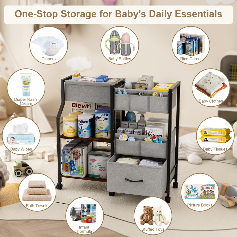 Novvia diaper caddy side view with drawer highlights organized storage space.