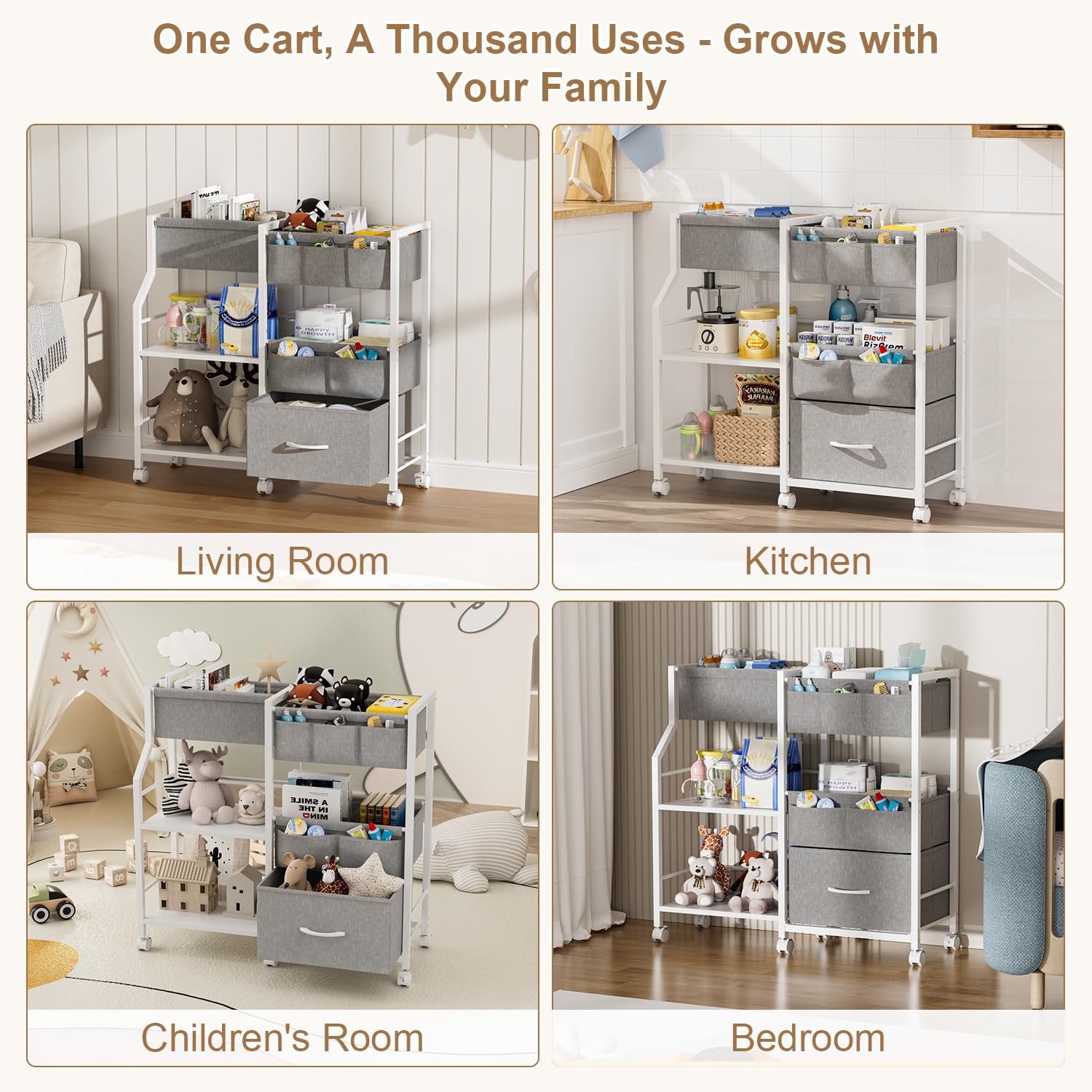 Novvia diaper cart grows with your family, repurposing as storage.
