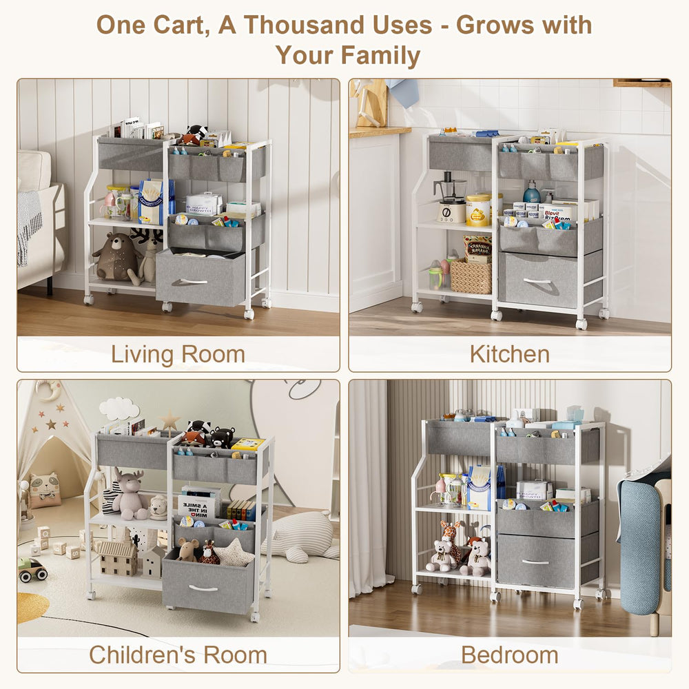 Novvia diaper cart grows with your family, repurposing as storage.