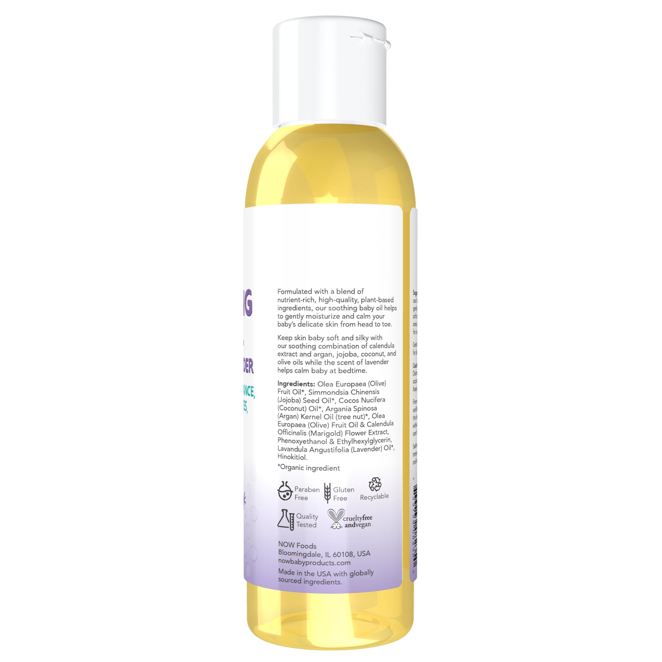 NOW Foods Baby Soothing Oil close-up shows calendula and plant-based oils for gentle moisture