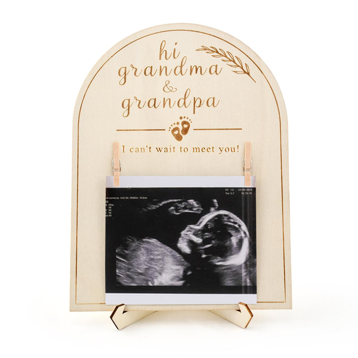 NOWHYX ultrasoun-d frame grandparent surprise on wooden display makes a keepsake moment.