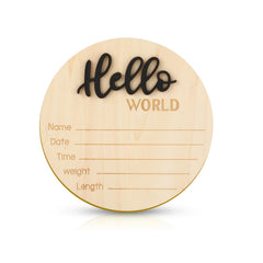 NQEUEPN baby announcement sign close-up with 3D Hello and engraved World for newborn photography.