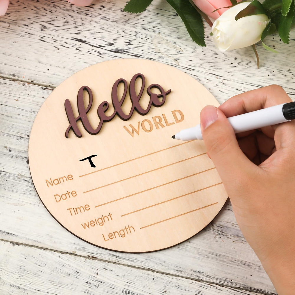 NQEUEPN Hello World sign shows natural wood texture and smooth finish.