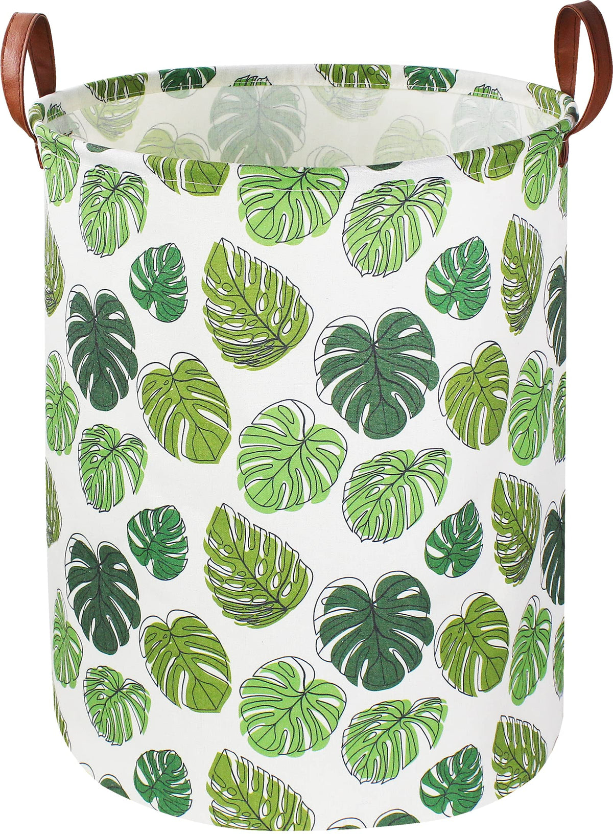 NTAOHAMPER round green laundry hamper with leaf-pattern exterior for organized closet storage.